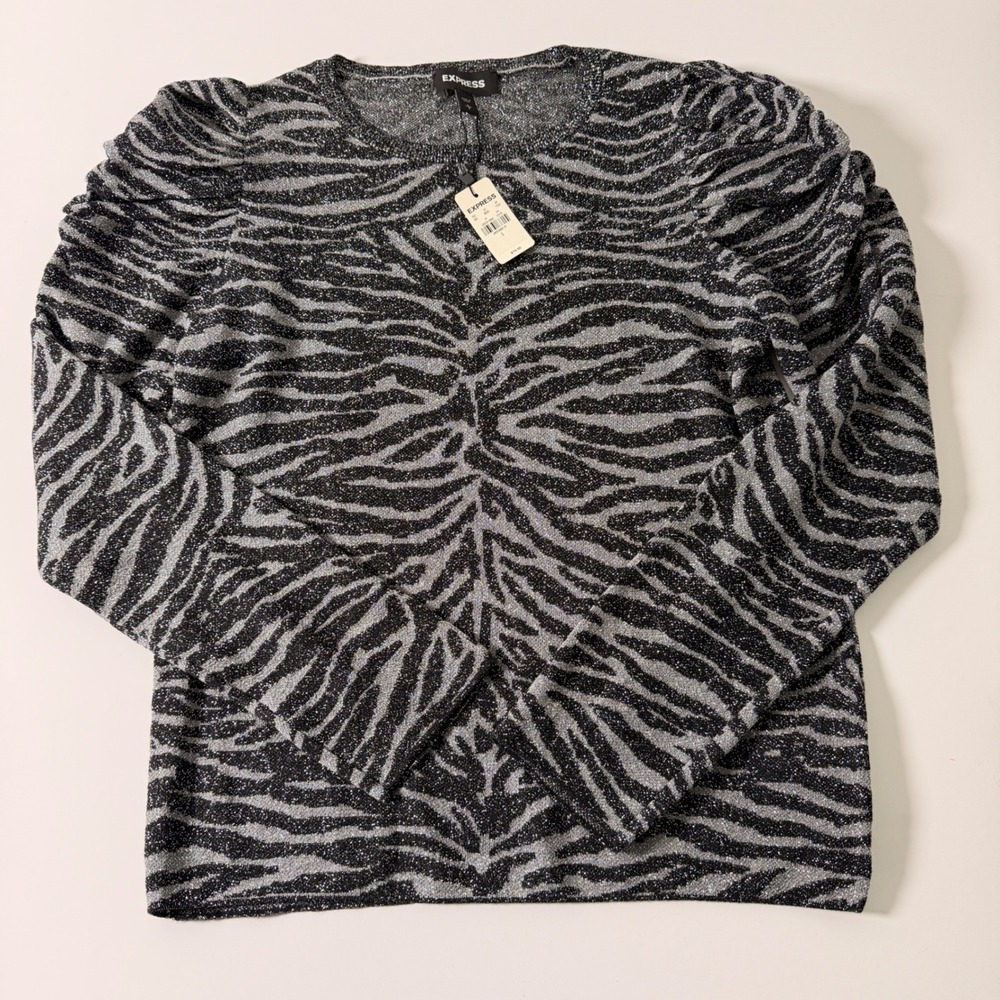 Express Metallic Zebra Print Puff Sleeve Sweater Top Black Silver Size L NWT
